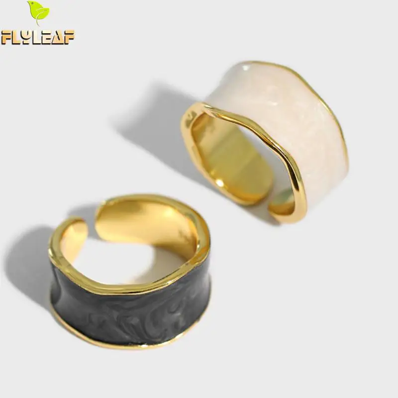 

925 Sterling Silver Enamel Width Open Ring For Women Light Luxury 14k Gold Jewelry Lady Student Birthday Gift Flyleaf