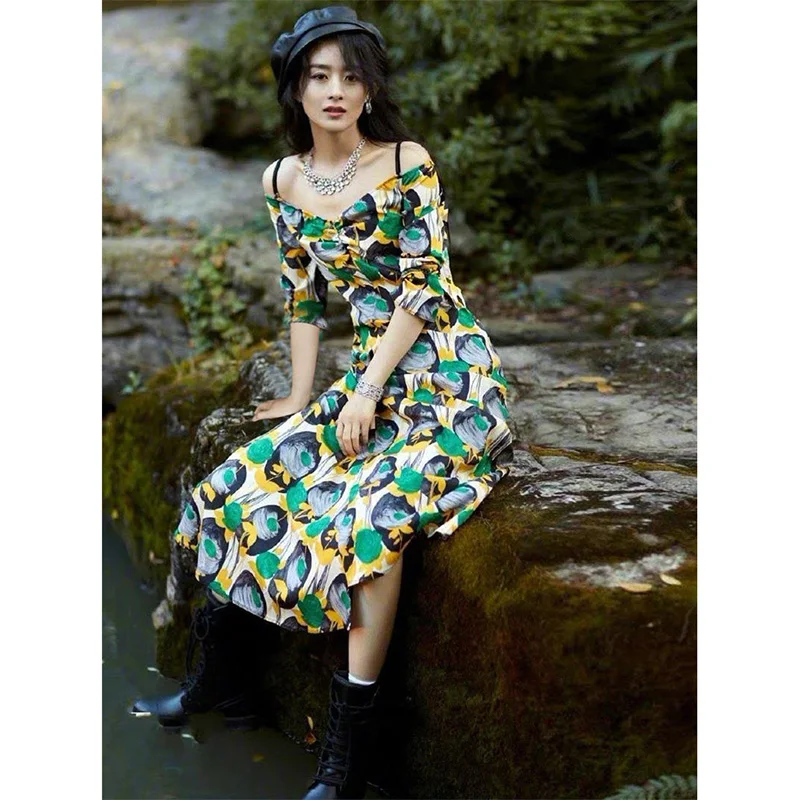 

Dress for Women High Quality New Summer Designer Runway Floral Print Spaghetti Strap Fashion Casual Dress Vestidos NP1647J