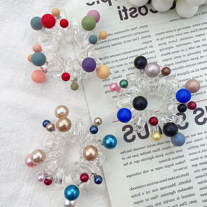 

50Pcs Wholesale Women Girls Clear Telephone Elastic Nailed With Colorful Beads Transparent Rope Bands Hair Ties