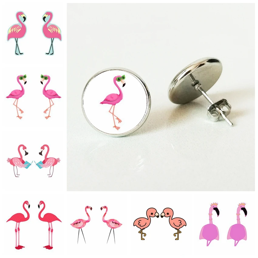

New Pink Flamingo Earring Funny Flamingos Earrings Birds Stud Ear Gifts Children Convex glass Earring