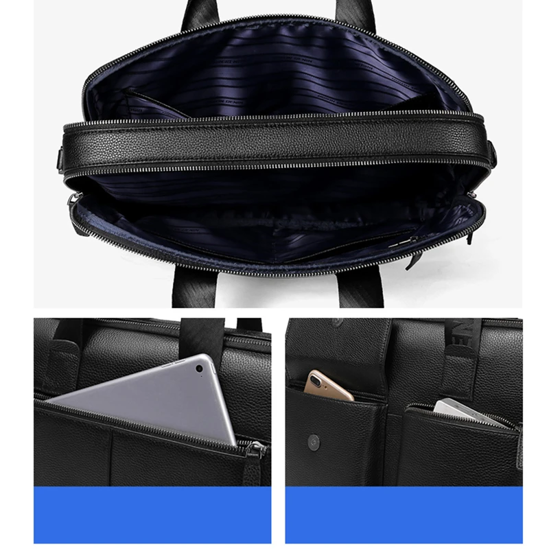 Bison Denim Brand Men Bag Genuine Leather Handbag Male 14 inch laptop Bag Briefcase Classic Black Crossbody Shoulder Bag