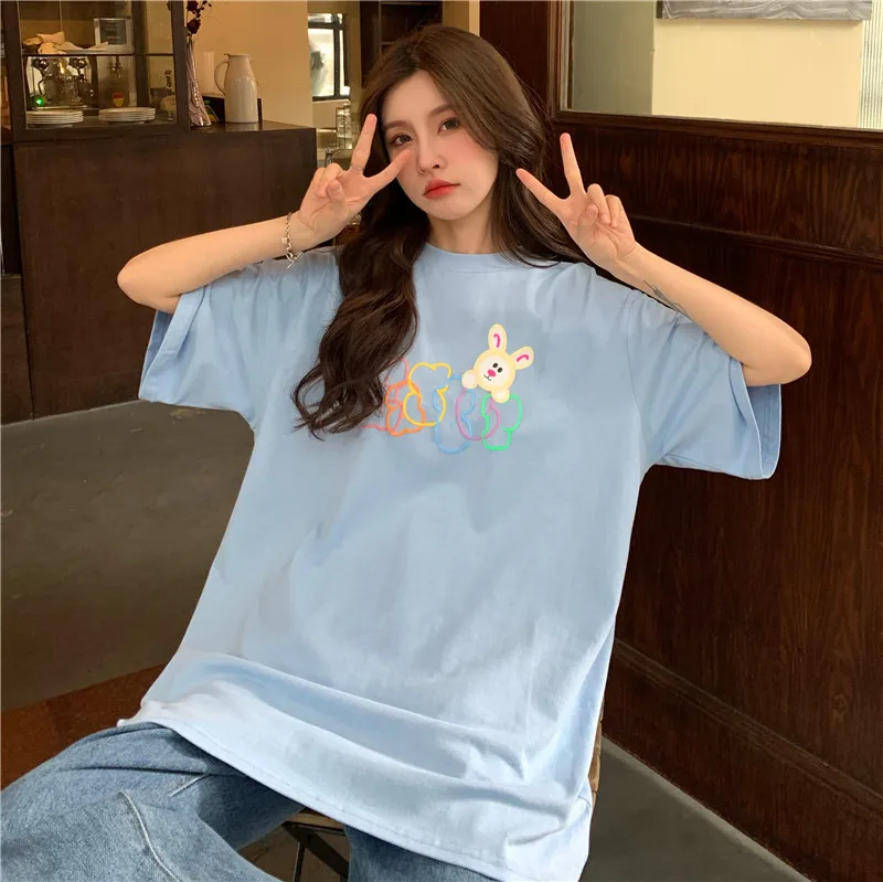 

2946 women new loose mid-length cartoon letter printing bottoms missing short-sleeved T-shirt