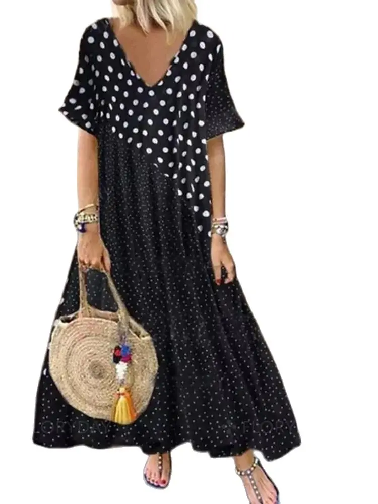 

2021 summer new V-neck Pullover dot stitching short sleeve loose large women's dress vestido dresses big sizes women woman sexy