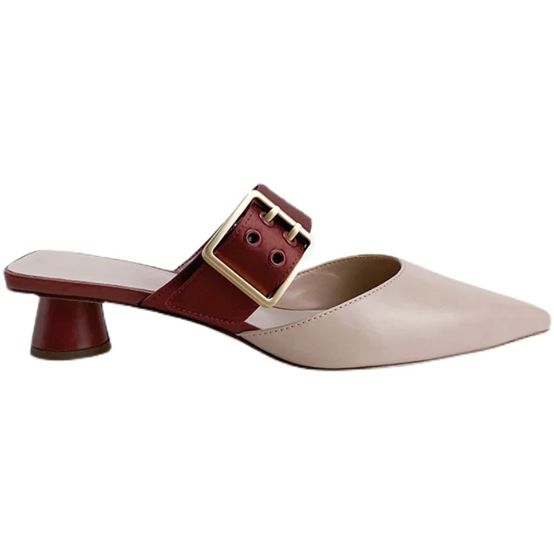 

Rivet Square heel Med Shoes Pointed Toe Mules For Women 2021 Ladies' Slippers Shallow Block Cover Soft Hoof Heels Bonded Leather