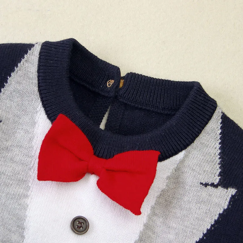 

0-18M Newborn Gentleman Romper Knitted Sweater Infant Baby Boy Long Sleeve Round Neck Bow Tie Jumpsuit Spring One-Pieces New