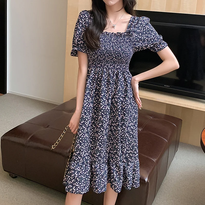 Женские плиссированные платья с высокой талией и цветочным принтом лето 2021