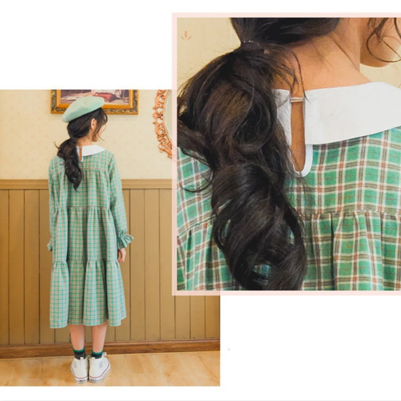 

2020 Autumn Teenage Girls Long Style Plaid Dresses Korean Children Cotton Clothes Kids Girls Cute Elegant Princess Dress, #1110
