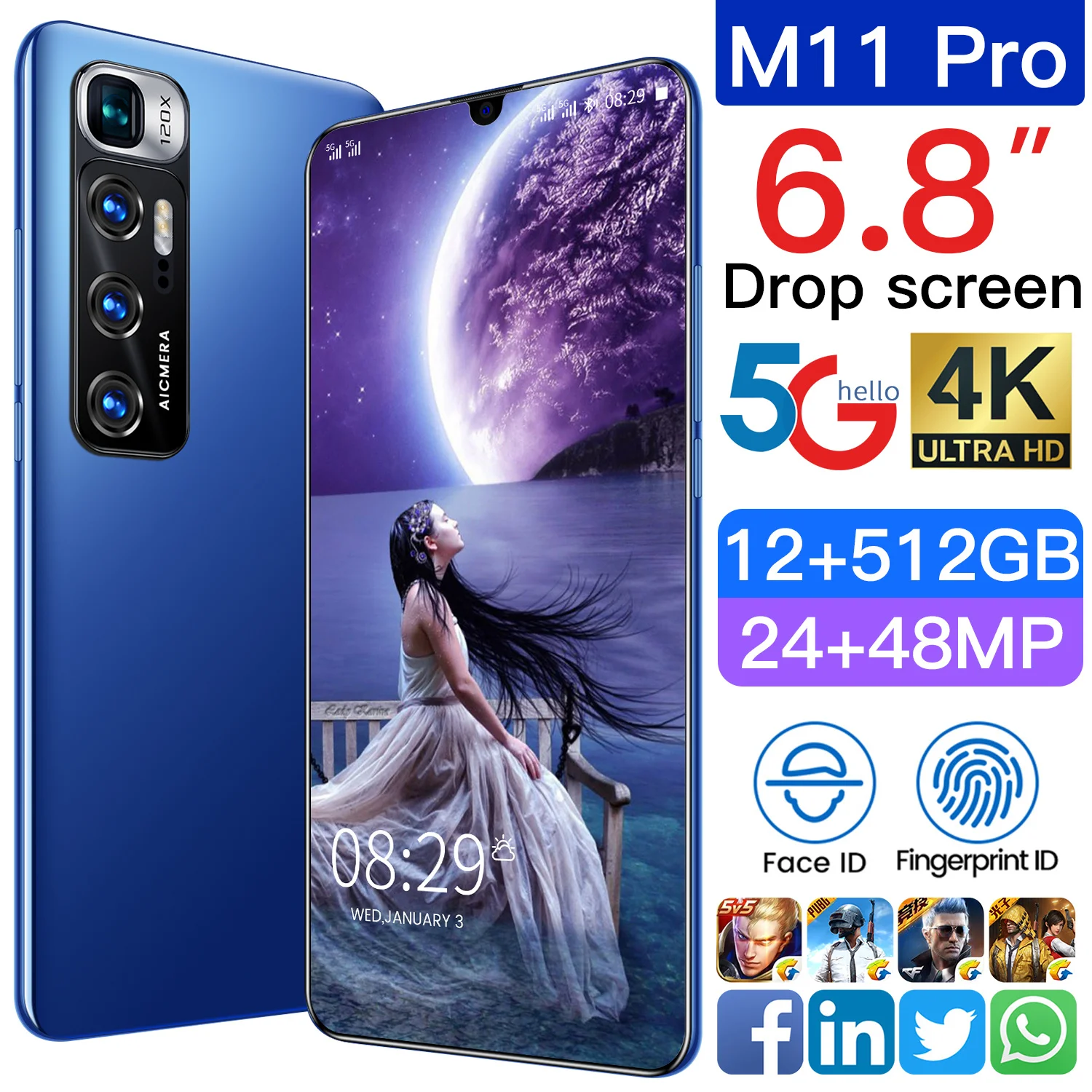 

Hot sale M11 Pro 5G Mobile Phone 6.8Inch MTK6889 10Core 12+512GB 24MP+48MP 5000MAH Face ID Dual SIM Android10.0 Newest