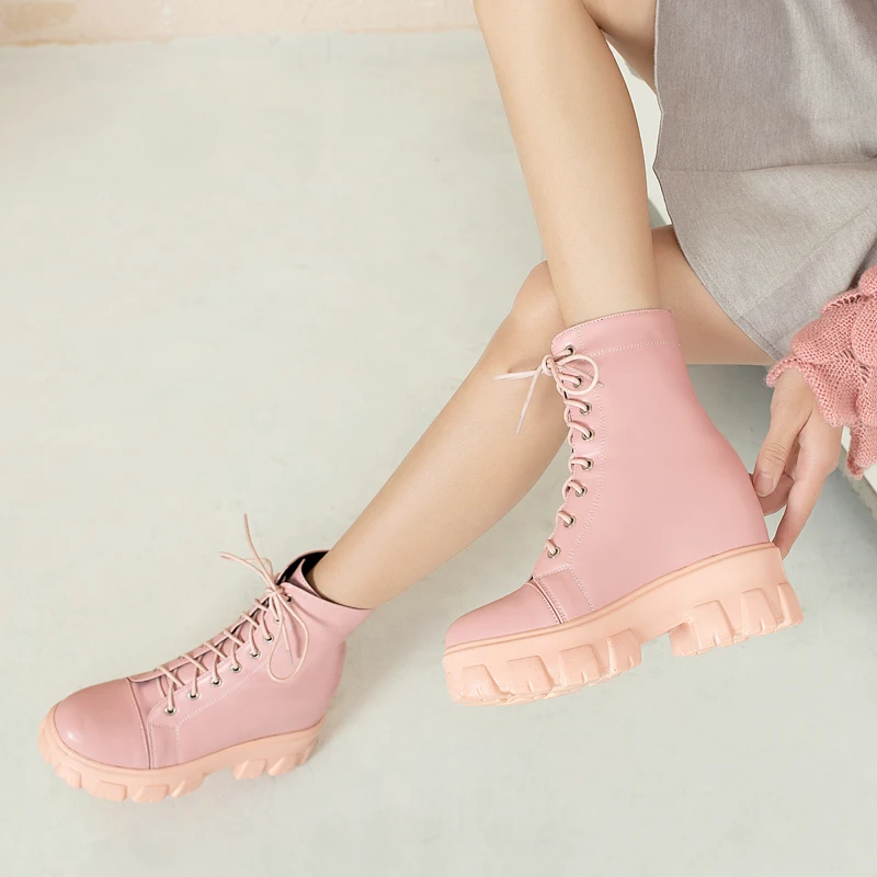 

2021 New Fashion Women Black Ankle Boots 8CM Thick Heel Ankle Boots Lace Up White Chunky Boots Autumn Boots Size 34-43