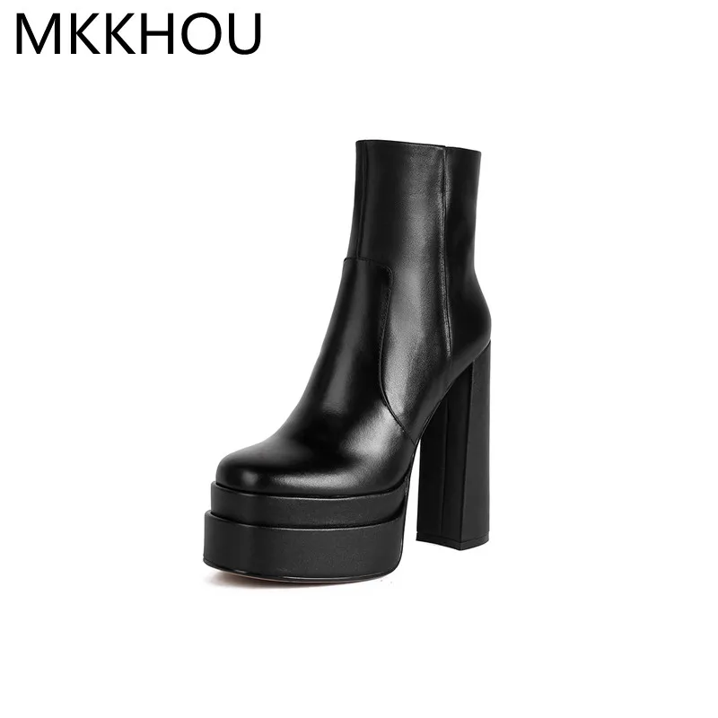 

MKKHOU Fashion Short Boots Women New Genuine Leather Square Toe Thick-Soled Boots Ladies Winter All-Match Commuter Leather Boots