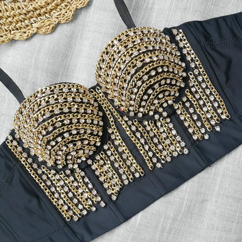 

Женский Блестящий Яркий топ с бриллиантами, тяжелый металлический декоративный топ с ремешком для женской наружной одежды