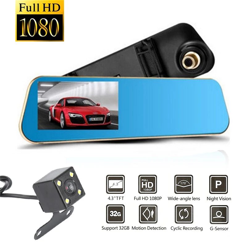 

4.3 inch HD 1080P Car DVR Dash Cam Drive Recorder Rearview Mirror Dual Lens 170 Wide Angle Rearview Mirror Driving Recorder
