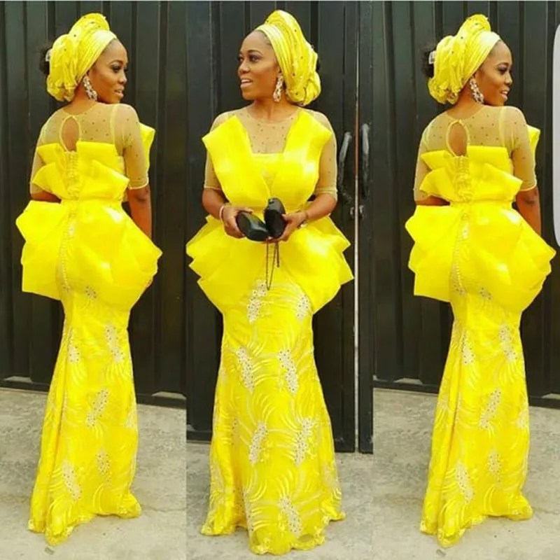 

Ruffles Mermaid Appliques Beadings Prom Dresses With Sheer Round Neck For Bridal Evening Party Gowns Aso Ebi Yellow