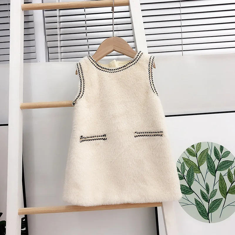 dress Осенне-зимний теплый комплект из 2 предметов для девочек, платье-жилет для малышей, пальто детский комплект Брендовая детская одежда бархатная куртка с карманами на кнопках для детей от 1 до 7 лет - Цвет: dress