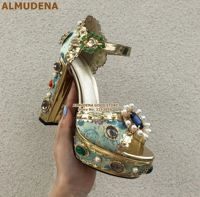 ALMUDENA/Босоножки на платформе, Украшенные бусинами, на массивном каблуке, украшенные стразами; свадебные туфли-лодочки в стиле ретро, синего, золотого цвета, украшенные стразами