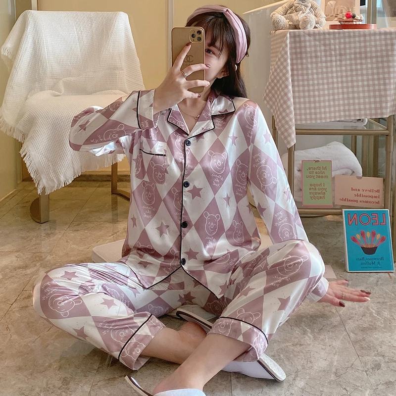 

JRMISSLI Woman Silk Pyjama Two-piece Homewear Suit Pijamas Sets Pattern Lapel Long Sleeves Shirt Long Pants 2-piece Pajamas