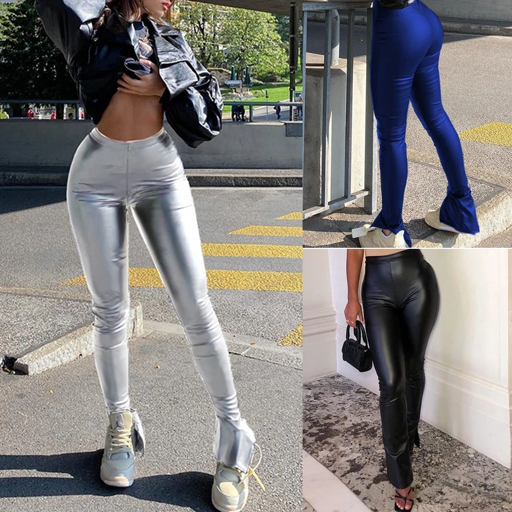 

Женские брюки-карандаш из искусственной кожи, облегающие однотонные брюки с Боковым Разрезом и высокой талией в уличном стиле, осень 2020