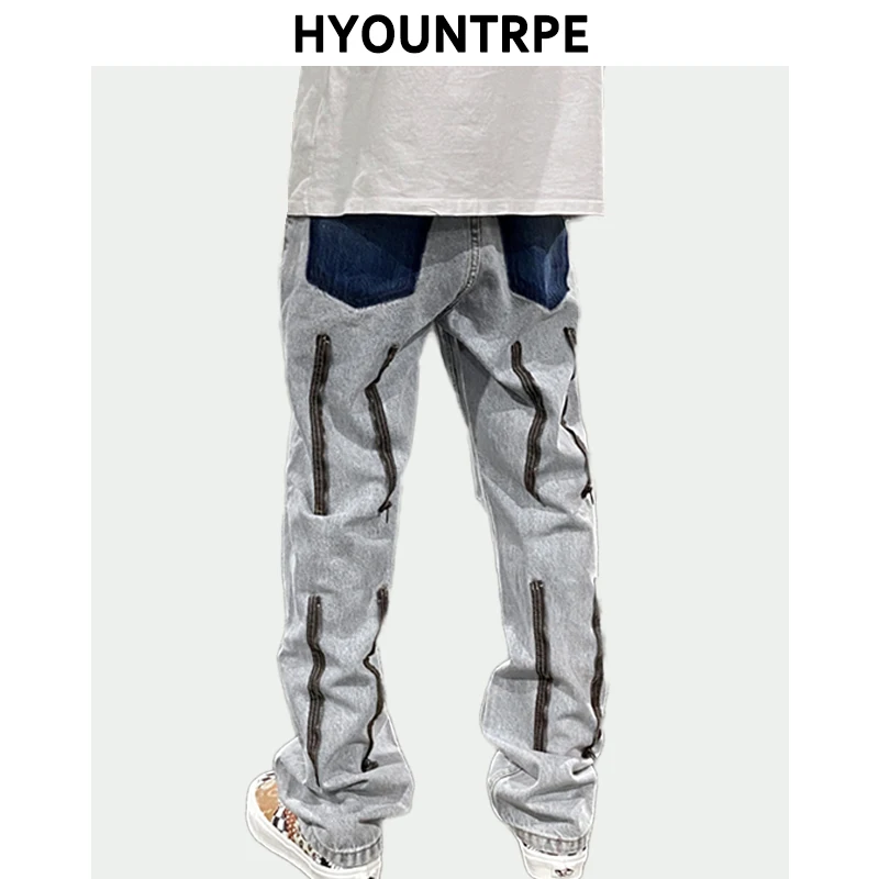 Джинсы мужские прямые на молнии сзади модные штаны с отверстиями для колен брюки