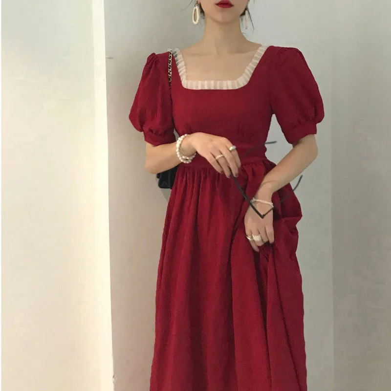 

Summer Sexy Long Dresses Women Short Sleeve Square Collar Folds Deep-split High Waist Ladies Dress Vintage Casual Clothing