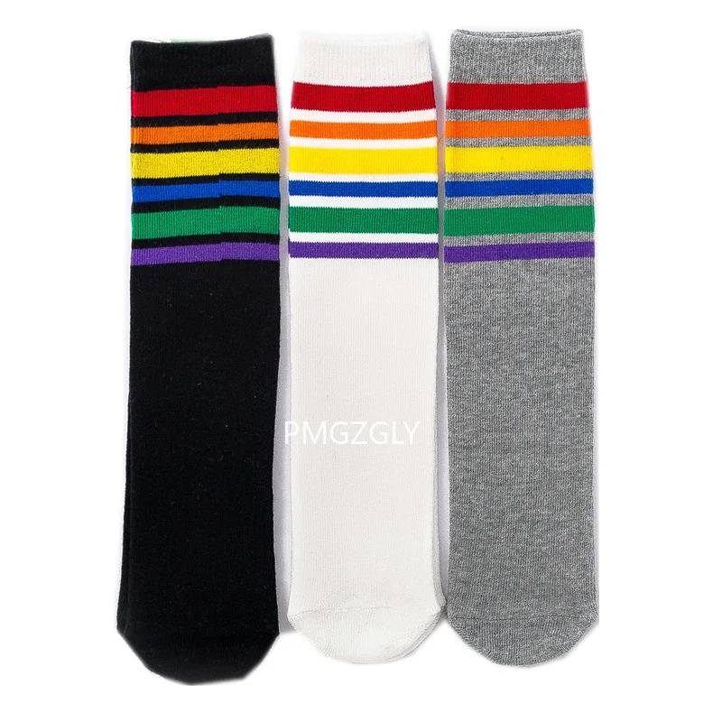 Calcetines de algod&oacute;n con rayas de arco&iacute;ris para ni&ntilde;os, medias rectas sin tac&oacute;n, de tubo alto, para padres e hijos-4