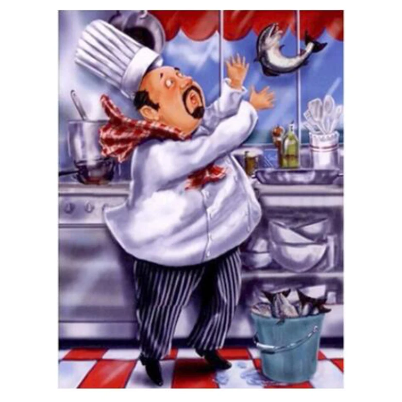 5D DIY мультфильм толстый шеф-повар и рыба вышивка крестиком вышивка настенные наклейки кухонное украшение алмазная живопись дизайн FC583