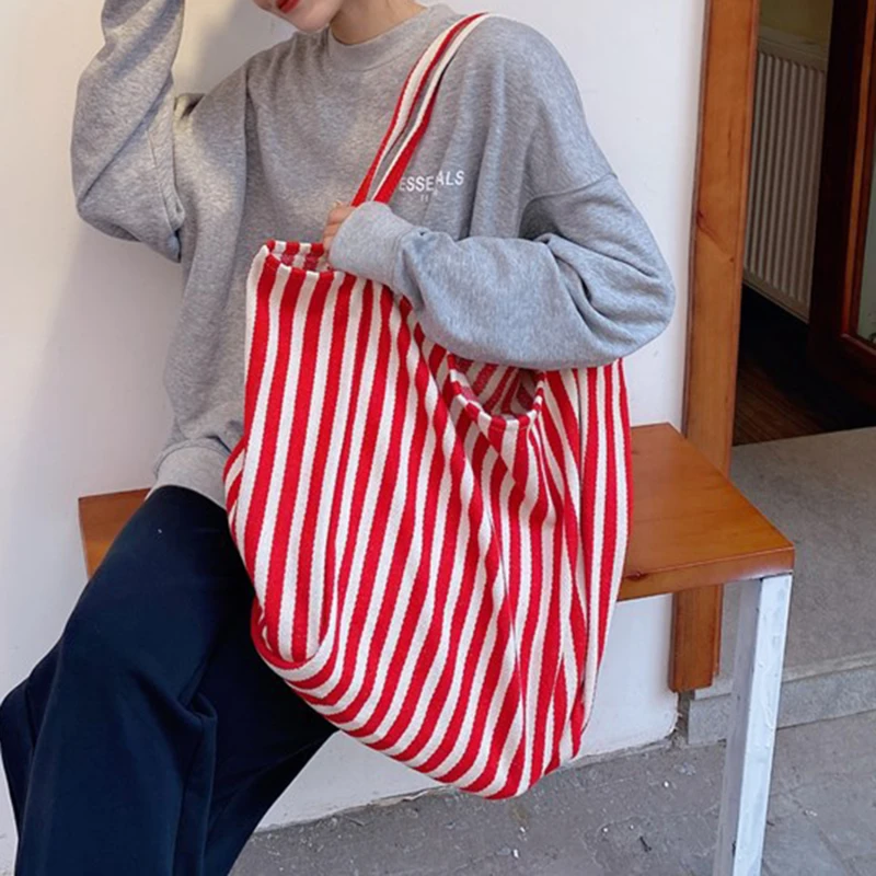 

Canvas Women's Bag Retro Simple Striped Women's Shoulder Bag Multifunctional Casual Open Tote Shopping Bag