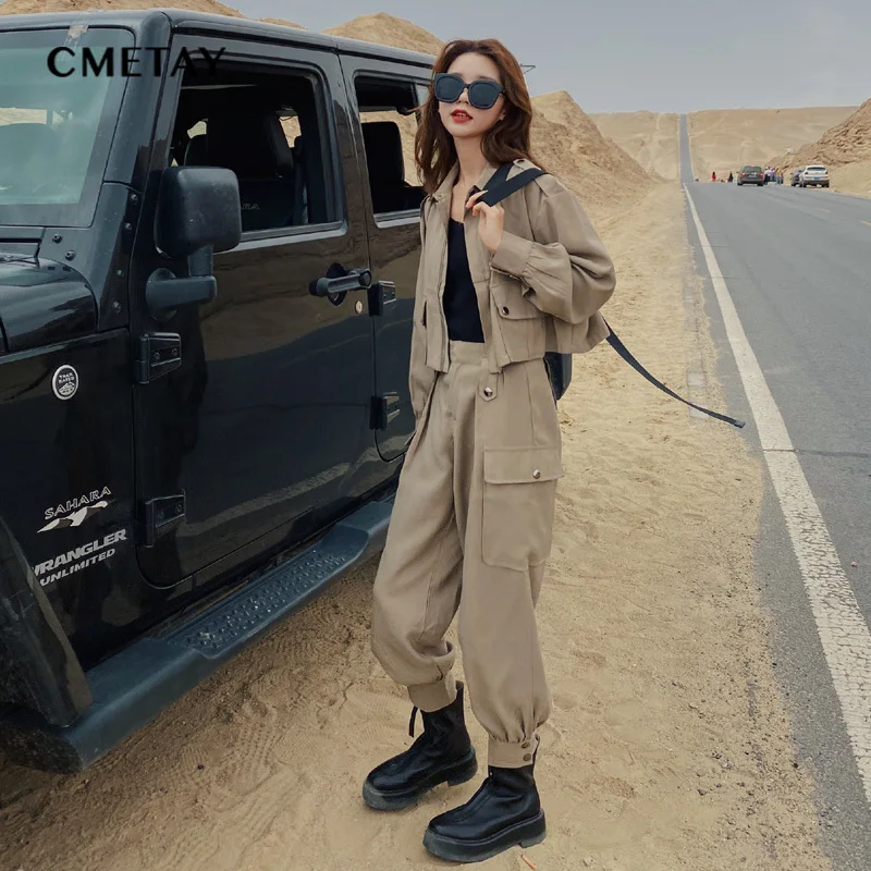 

Fashion Cargo Pants Suit Women Retro 2021 Spring Autumn New Short Zipper Top + Casual Pants Street Sports 2 Piece Set