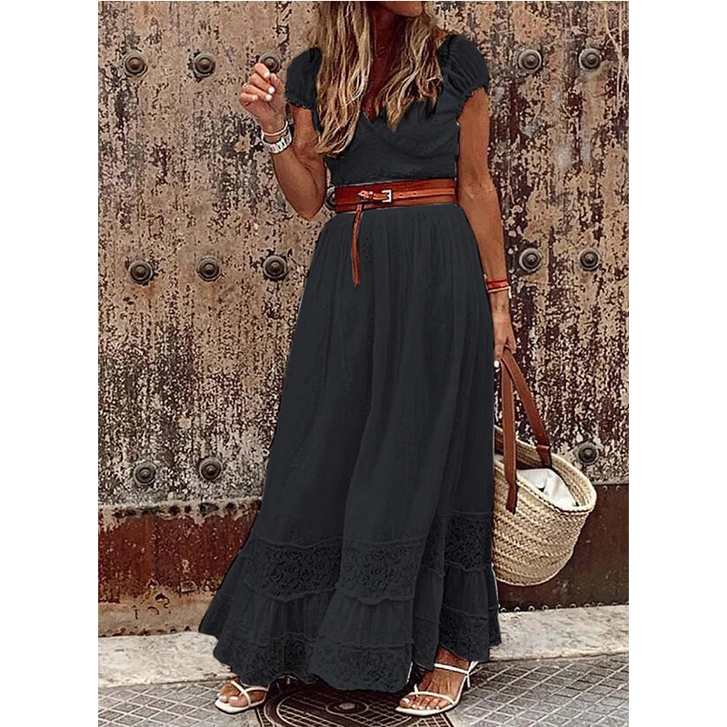 

Women's Clothing 2021 Summer Fashion V-neck Vintage Party Dress Female White Lace Elegant Maxi Dresses Casual Beach Long Dress