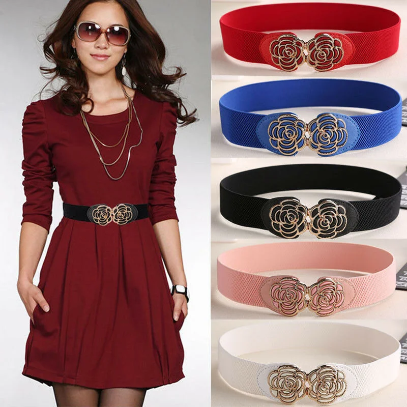 

Women lady Metallic Retro Flower Elastic Stretchy Dress Narrow Waist Belts Band Red Blue Black White Pink