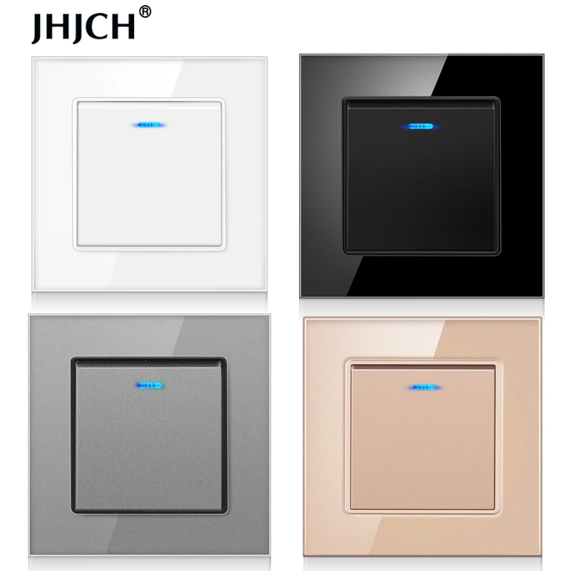 Jhjch Luxury Crystal Tempered Glass Panel 1 Gang 2 Way Light Switch On / Off Wall Switch With LED Indicator 16A AC 250V