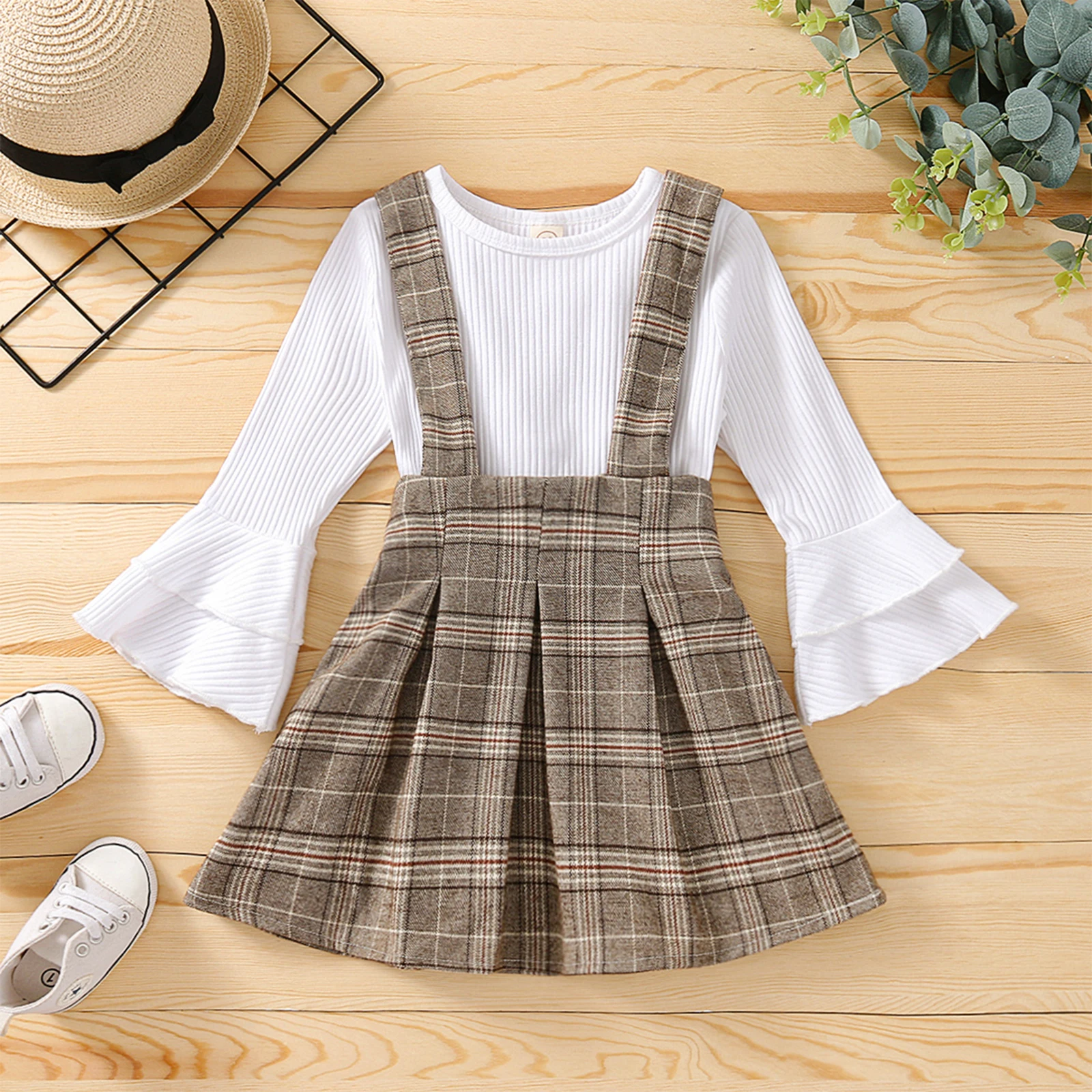 

Autumn Fall Spring Kids Clothes Rib Knit O-neck Pullover Tops Plaid Pattern Suspender Skirt Girls Children's Clothing 1-6 Years