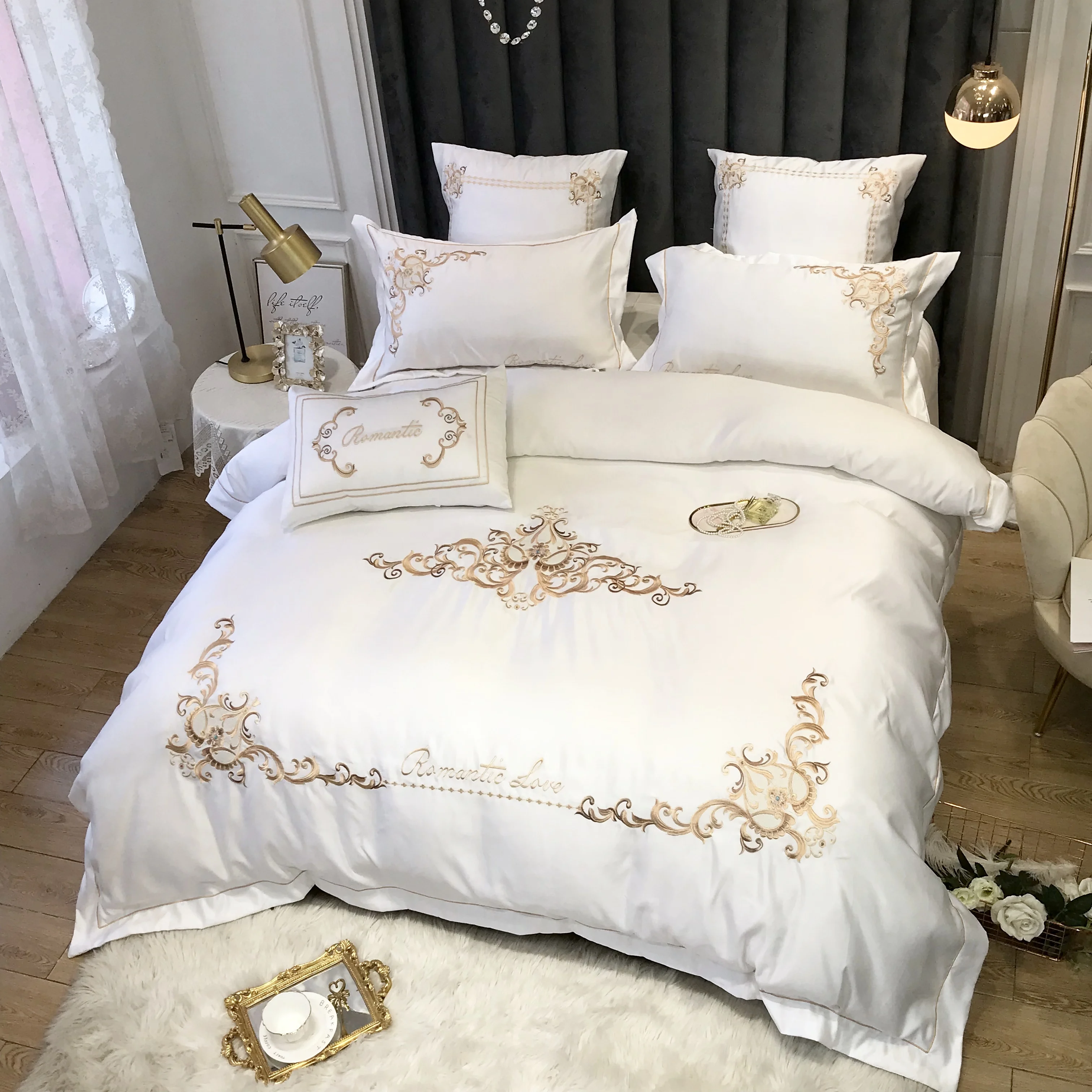 Новинка белый синий серый 60S сатин мытый шелк хлопок изысканная вышивка Комплект