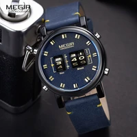 megir drum roller watch men top luxury brand man military sport quartz wrist watches blue leather digital relogio masculino 2137
