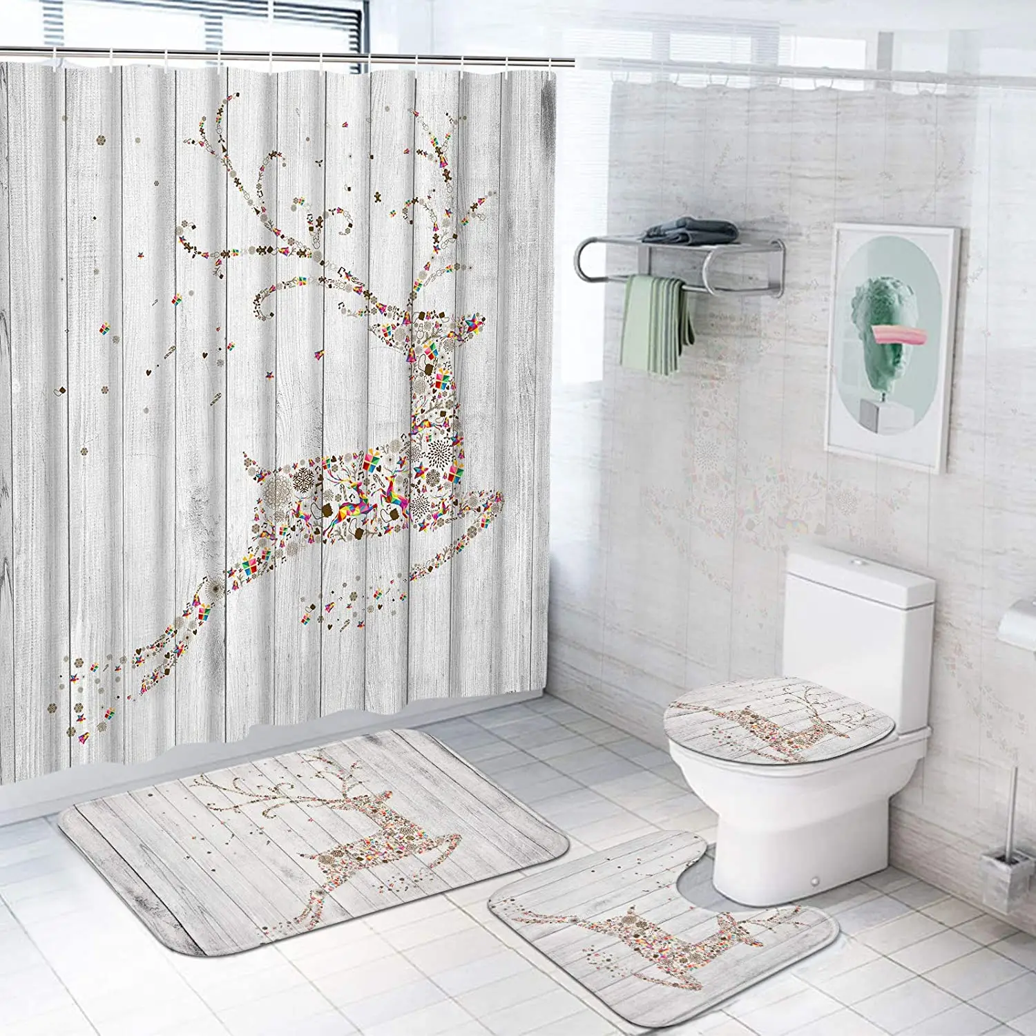 

Merry Christma Reindeer Print Shower Curtain Set Carpet Cover Toilet Cover Bathroom Mat Cushion Cover Bathroom Curtain Household