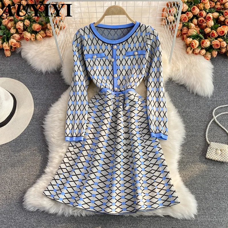 

Autumn Korean Fashion Casual Knitted Sweater Dress Women Long Sleeve A-Line Pearls Buttons Plaid Mini Vintage Dress Robe Femme