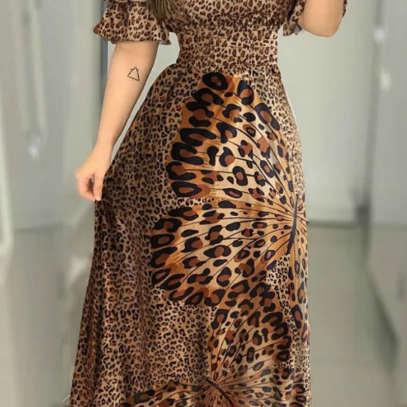 

Off Shoulder Party Dresses Women Lady Ruffle Leopard Print Flare Long Sundress Sexy Ladies Strappy Slash neck