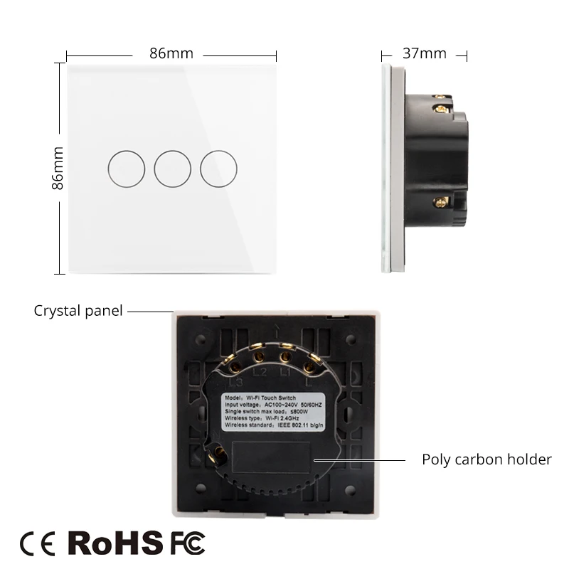 

Mini Wifi Smart Wall Touch Switch EU Power Mobile APP Remote Control Works with Amazon Alexa Google Home 3 Gang No Hub Required