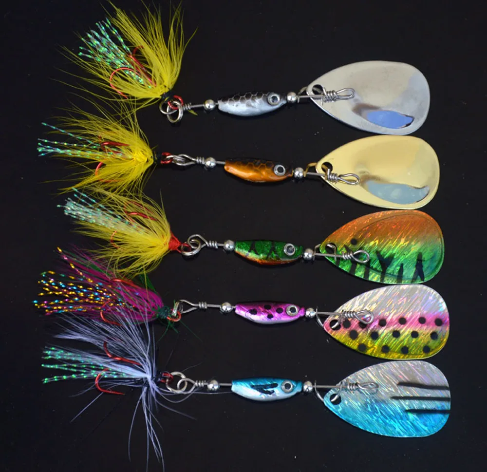 

5PCS Colorful Fishing Fish Spinner Spinnerbait spoon Lure Feather Hook baits 6.5g Ocean Boat Fishing