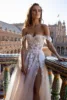 Boho Tulle A Line Wedding Dresses 2023 Off the Shoulder Lace Appliques Beach Bridal Gown Sexy High Split Wedding Gowns For Bride 2