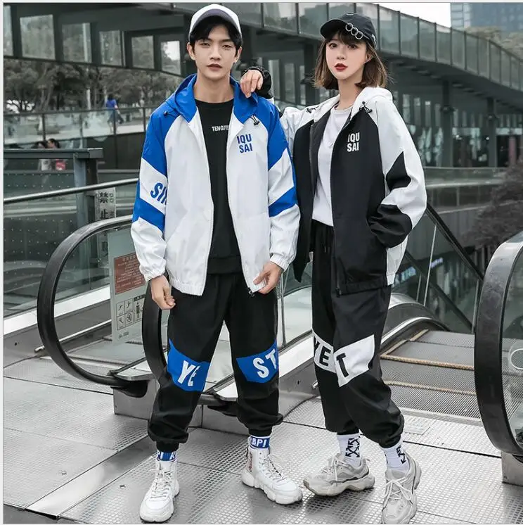 

Осенний модный спортивный костюм, Мужская цветная куртка на молнии + штаны, корейский стиль, свободный красивый повседневный спортивный кос...