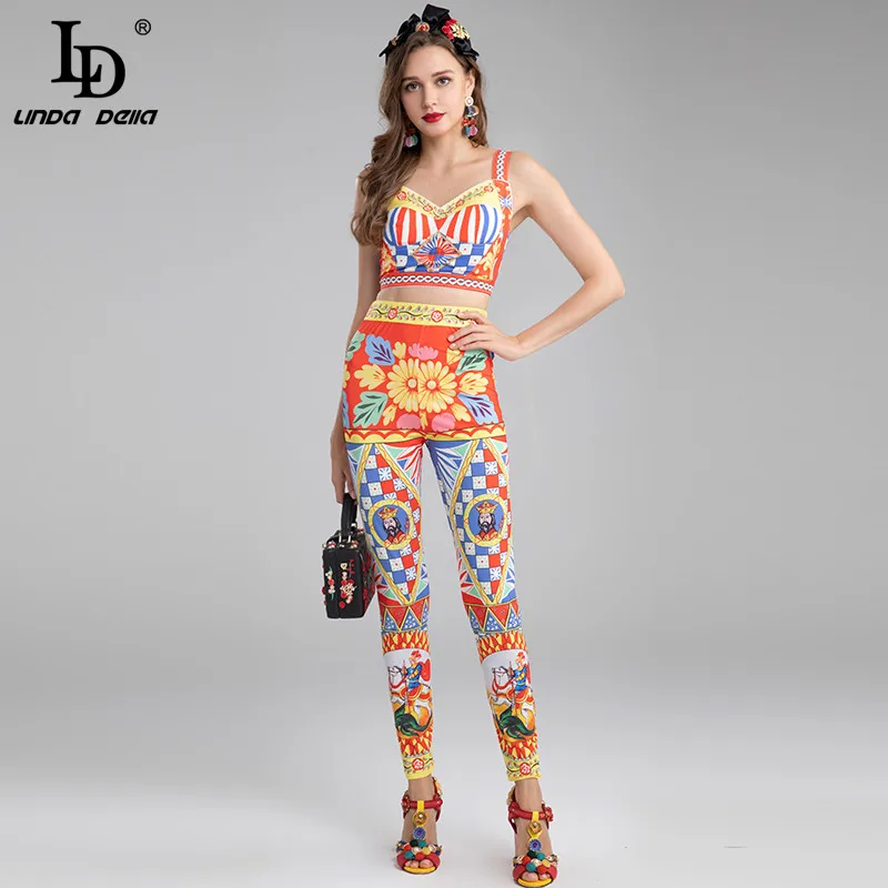 

LD LINDA DELLA Fashion Designer Summer Pants Suit Women Spaghetti Strap Short Vest＋Retro Warrior Totem Print Pants 2 Pieces Set