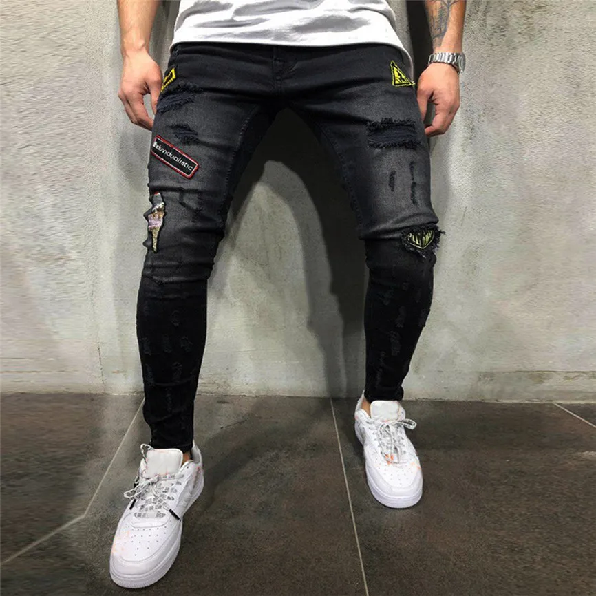 Мужские джинсы весна 2019 Мужская одежда джинсовые штаны потертые свободные