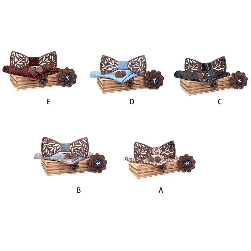 

Men Women Wooden Bowtie Square Scarf Wood Carved Hollow Cufflinks Corsage Set D08E