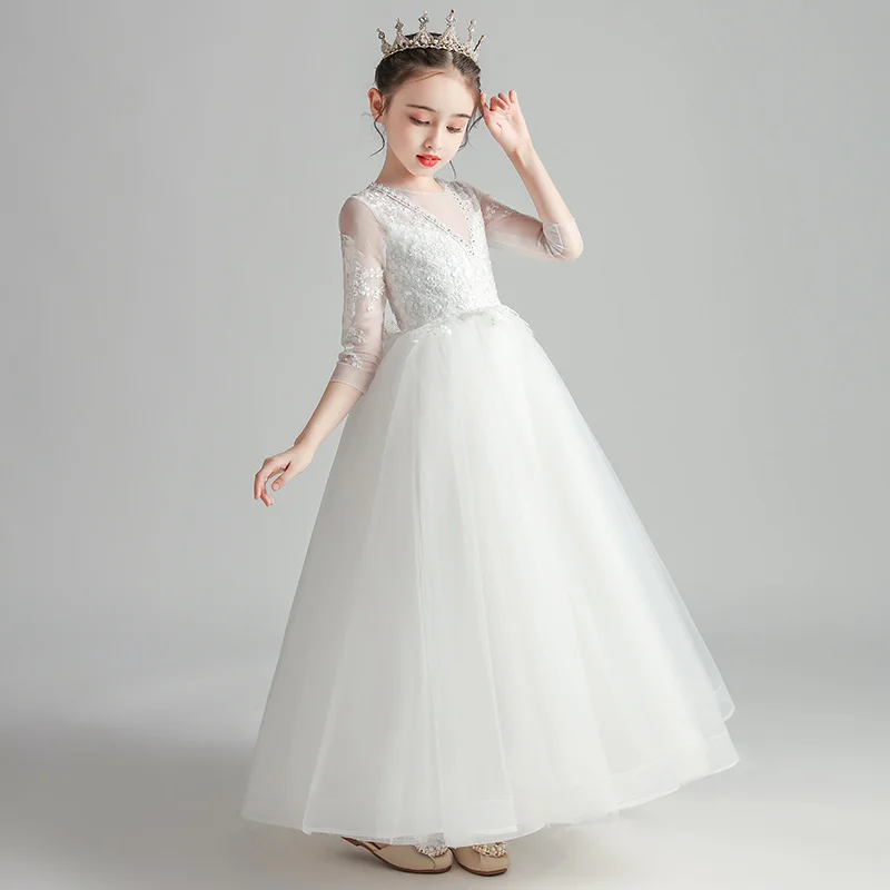 

White Princess Dress For Girls Kids Wedding Flower Girl Dresses With 3/4 Sleeves Lace Appliques Tulle Kids Birthday Dresses