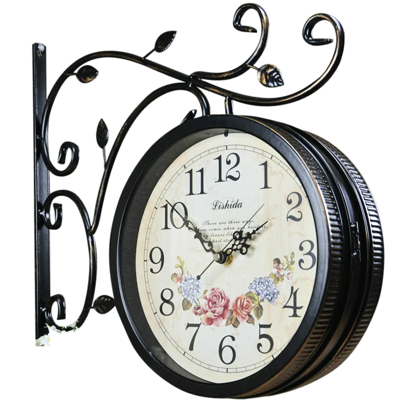 

ViVintage Ornament Double-sided Wall Clock Metal Silent Rome Digital Wall Clock Living Room Outdoor Garden Da Parete Home Decor