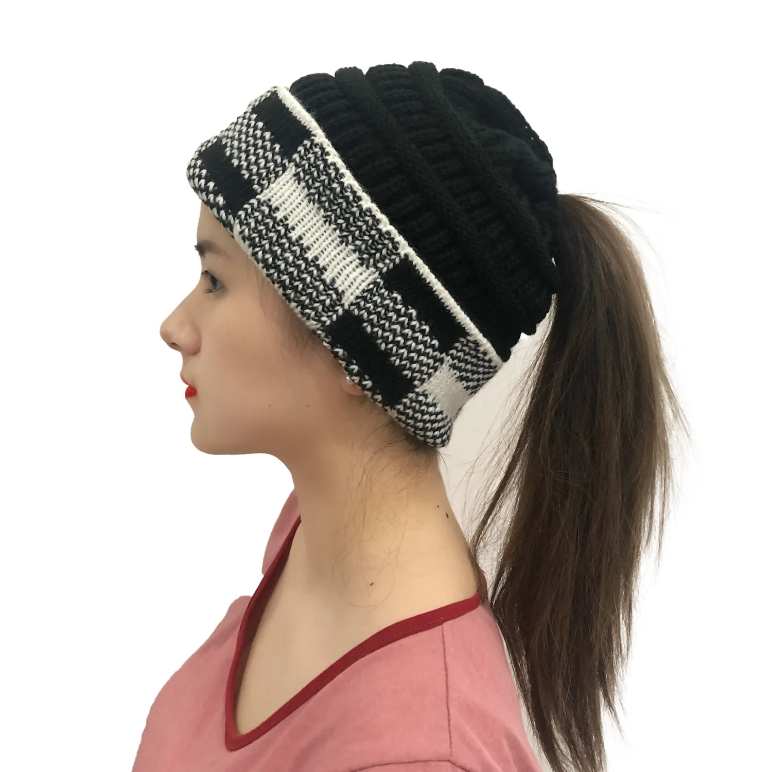 

Fashion Women Beanie Ponytail Beanie Hat Winter Warm Rib Knitted Skull Cap with Messy Bun Hole
