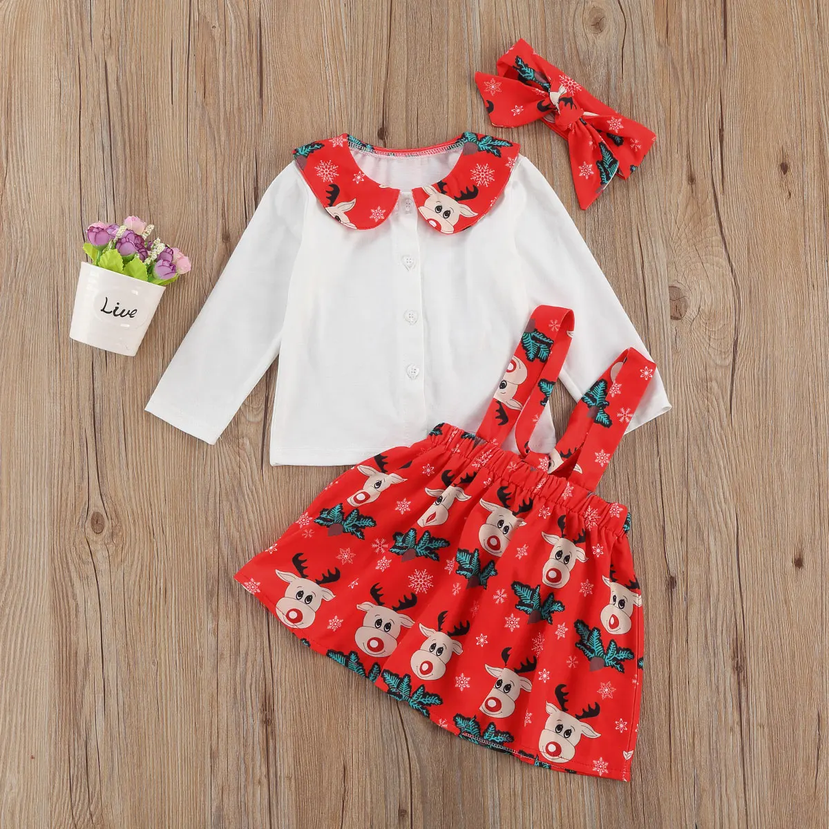 

3Pcs Children Christmas Outfits Lapel Long-Sleeves Top + Cartoon Printed Suspenders Skirt + Hairband Suit for Little Girls 1-6Y