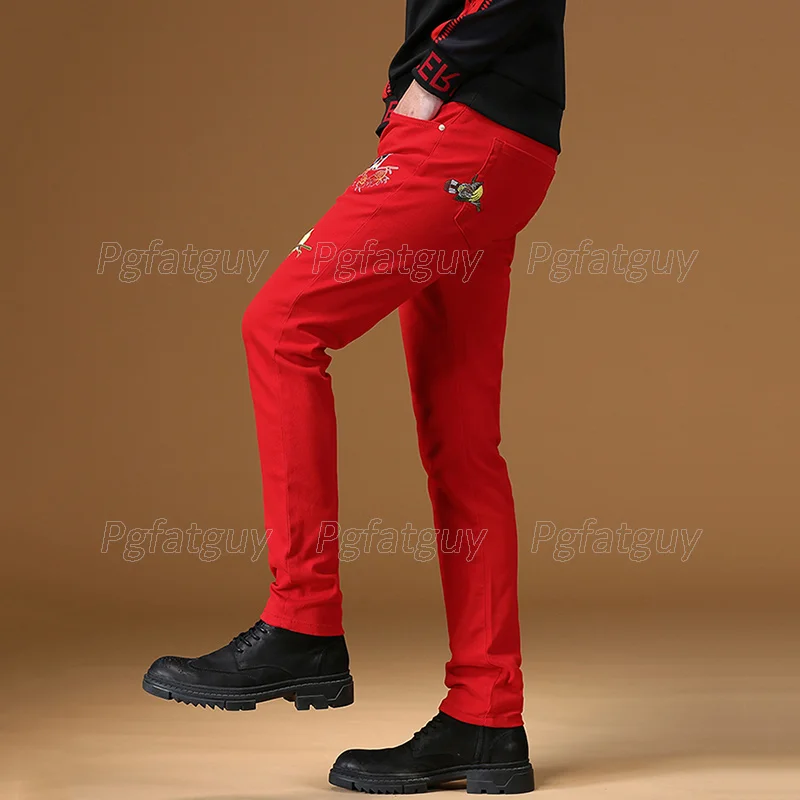 

Spring and Summer New Men's Casual Personality Long Pants Stretch Fashion Bird Embroidery Jeans Cotton Denim Yellow Red Trousers