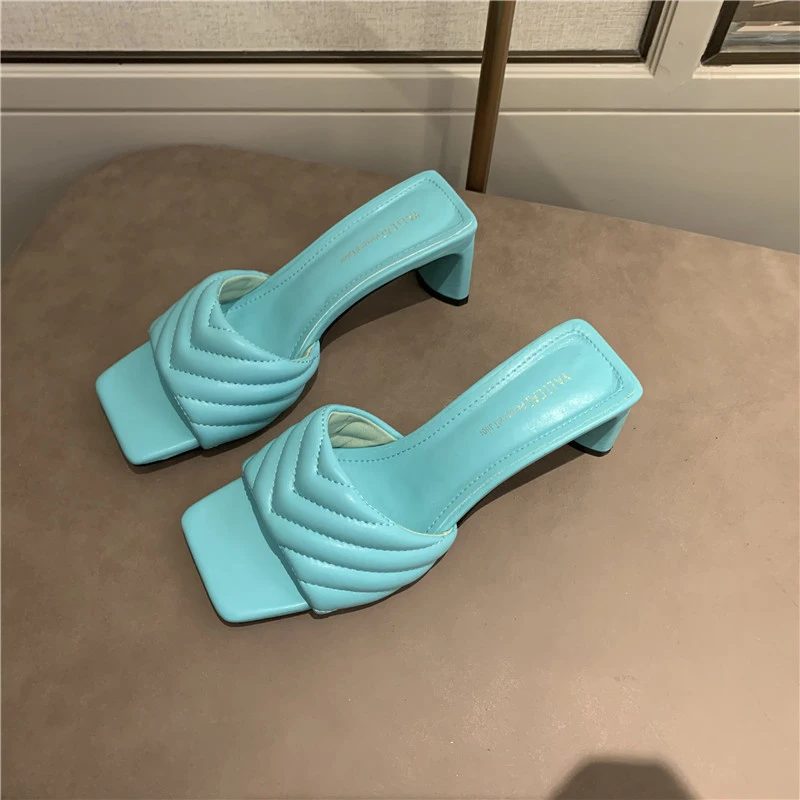 

Модные женские тапочки с квадратным носком, женские удобные шитье, женские плиссированные туфли на среднем каблуке с ремешками, женские шле...