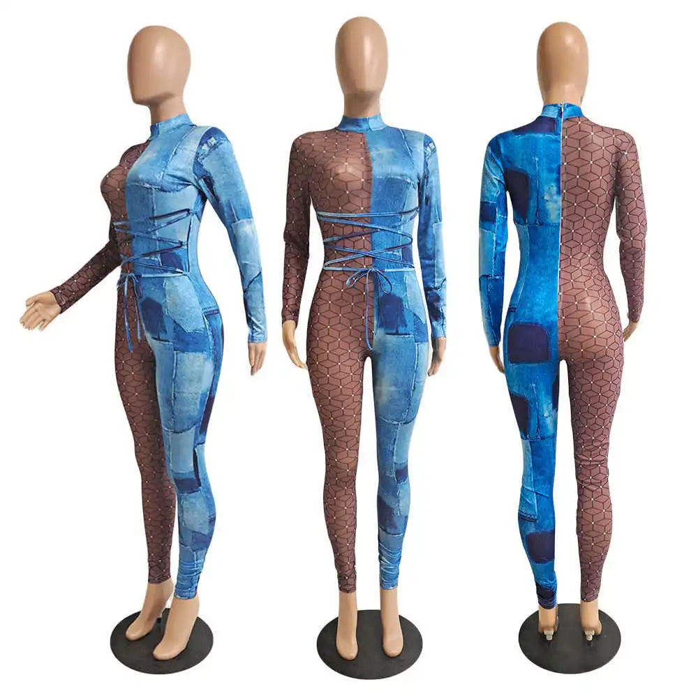 

Leopard Patchwork Print Bodycon Jumpsuit Women Mesh Sheer Skinny Lace Up Cross Bandage Romper Sexy Night Club Outfits